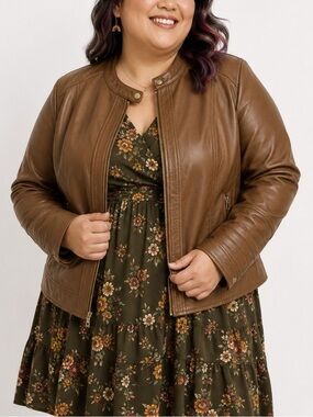 Ava & Viv Faux Leather Brown Moto Jacket – Women’s 1X